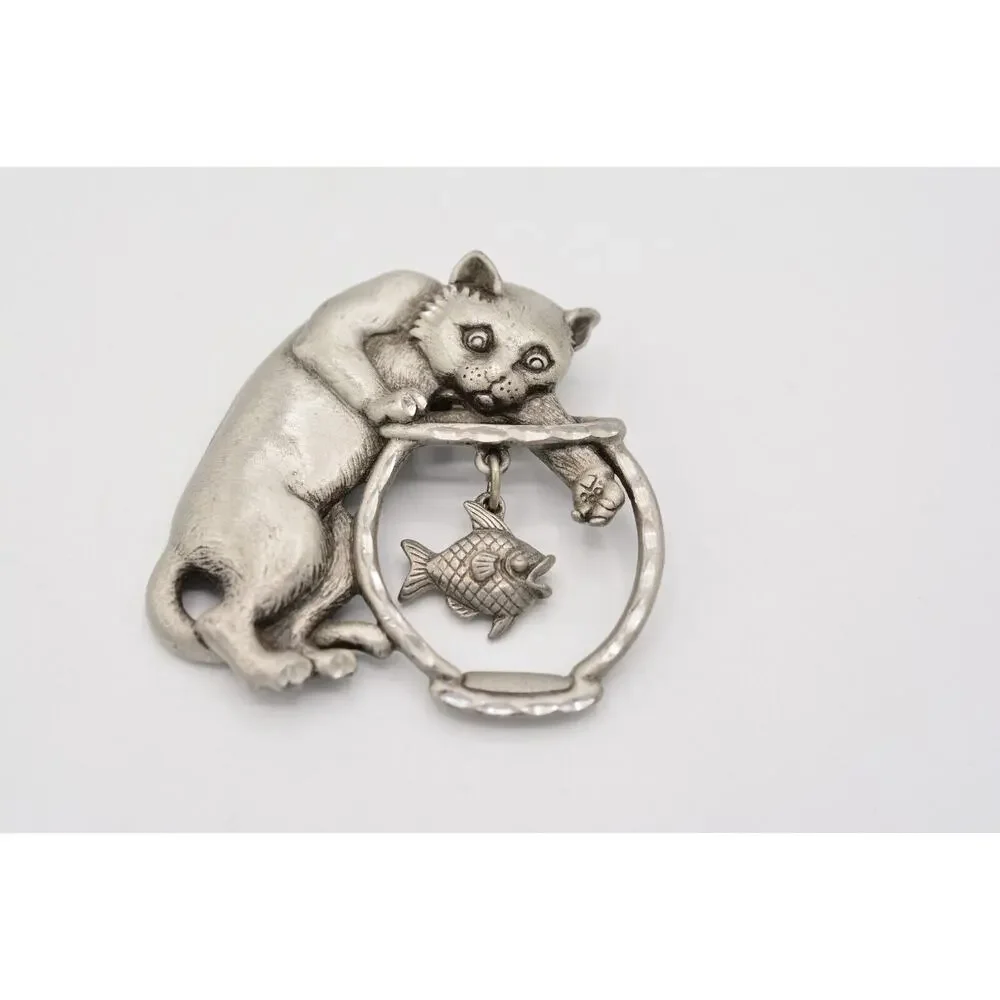 JJ Cat Pin Brooch Brushed Silver Pewter Fish Bowl Dangling Vintage Signed 80s 9B
